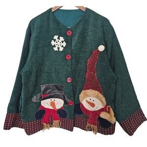 Vintage Christmas Cardigan Womens 2X Green Embroidered Snowman Cottage Granny